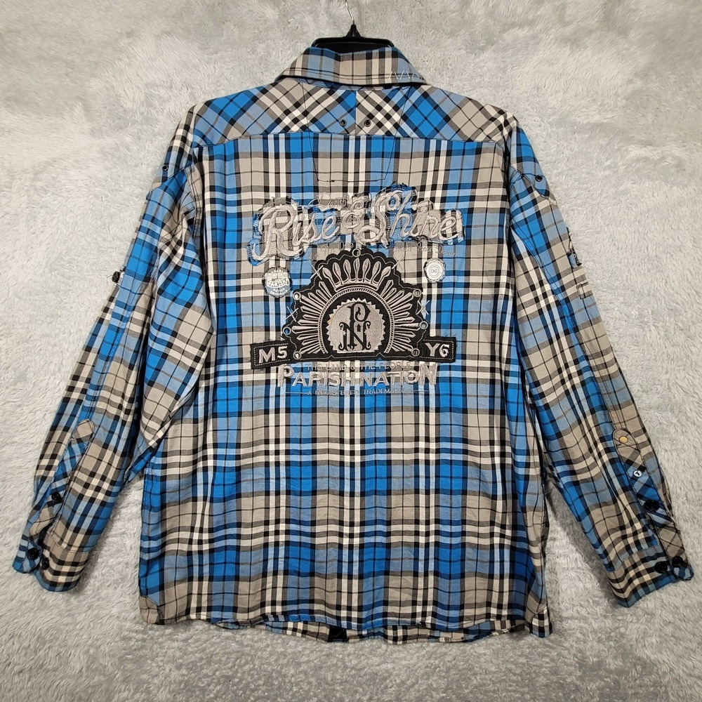 Parish Nation Shirt‎ Mens 2XL Blue Plaid Patches Embroidered Rise Shine *stains